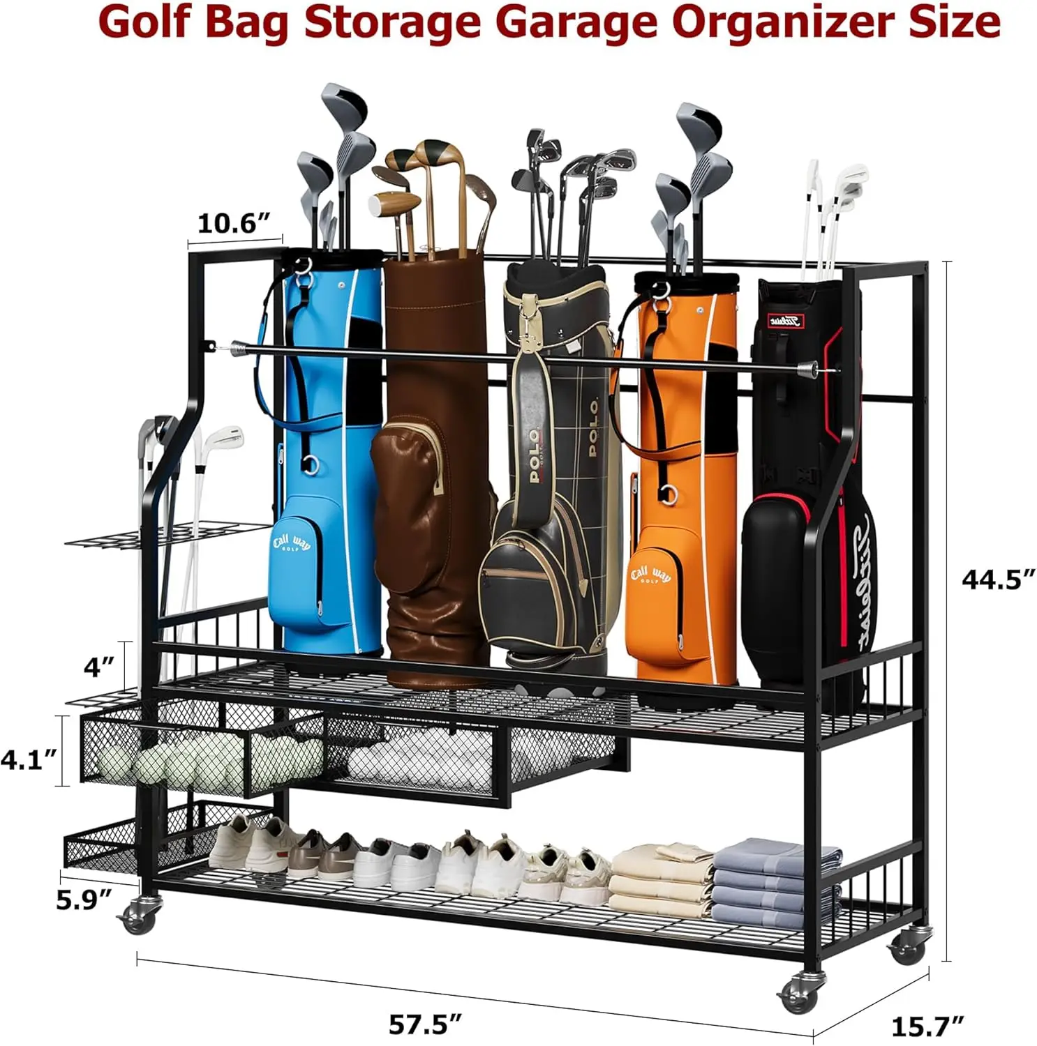 Golf Equipment Organizer For Garage - Estante de Almacenamiento Multifuncional con Ruedas